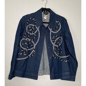 Vintage KOOS Of Course Denim Jacket Womens Medium Blue Embroidered Button Up 90s